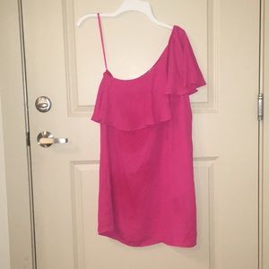 One shoulder ruffle pink mini dress